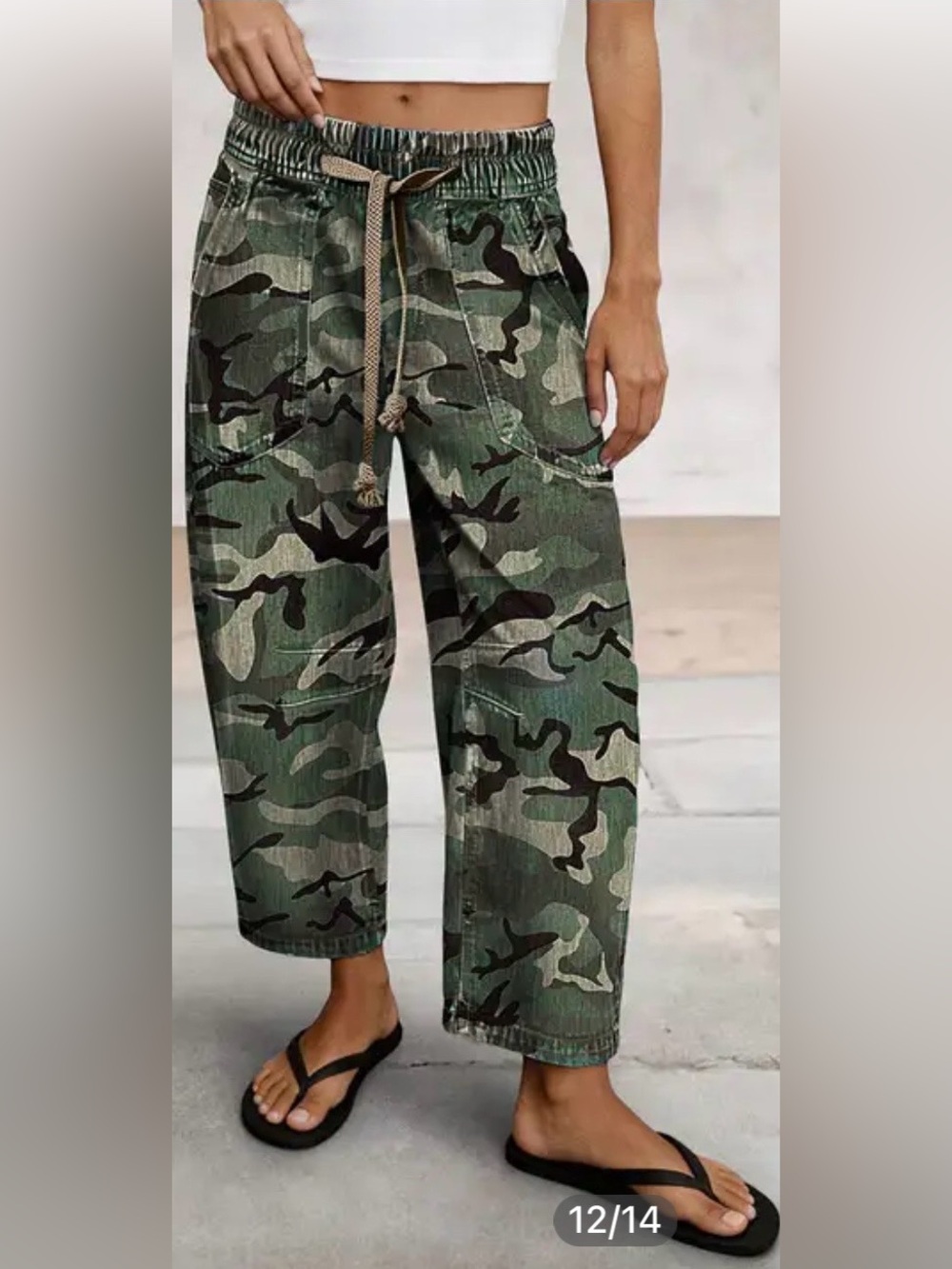 Flamingals Camo Drawstring Mid Waist Barrel Leg Crop Pants